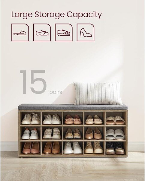 VASAGLE Cipőtartó pad, cipőpolc ülőfelülettel, 30×105×48 cm, türkizbarna–szürke
