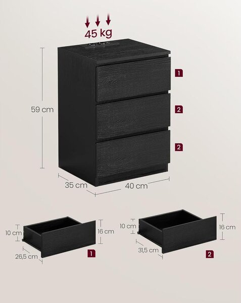 VASAGLE Éjjeliszekrény 2 darabos szett, 2 hálózati aljzattal és 2 USB-porttal, fekete színben
