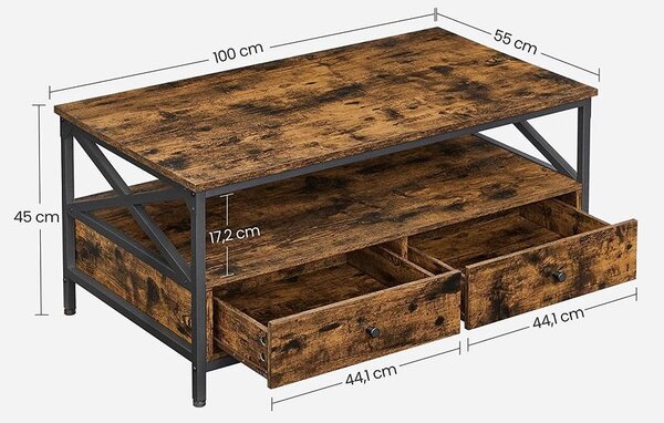 VASAGLE Dohányzóasztal, nappali asztal 100×55×45 cm, rusztikus barna és fekete színben