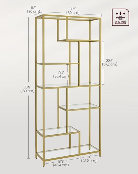 VASAGLE Könyvespolc, 6 szintes magas könyvszekrény 30 × 80 × 180 cm, fémes arany színben