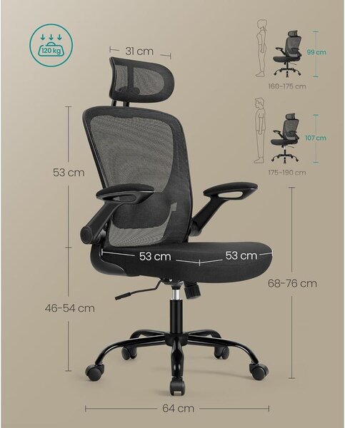SONGMICS ergonomikus irodai szék, forgószék hálós háttámlával, fekete színben
