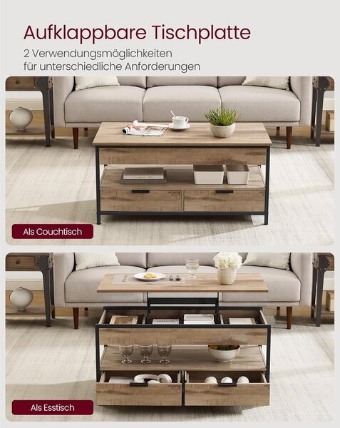 VASAGLE magasságban állítható dohányzóasztal, 50 × 100 cm, karamellbarna–tintafekete színben