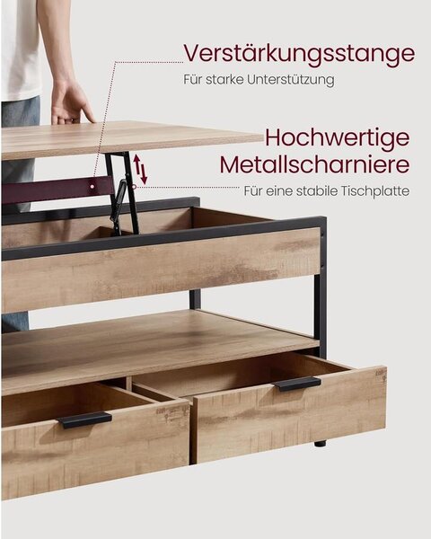 VASAGLE magasságban állítható dohányzóasztal, 50 × 100 cm, karamellbarna–tintafekete színben