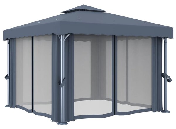 Antracitszürke pavilon függönnyel és LED fényfüzérrel 3 x 3 m