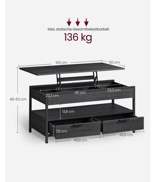 VASAGLE dohányzóasztal, magasságában állítható, 50×100 cm, antracitszürke–tintafekete