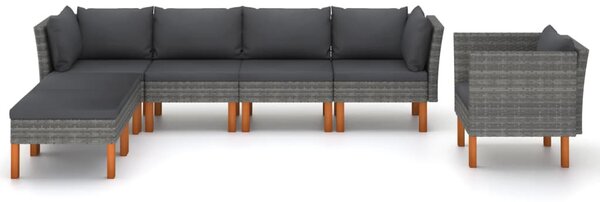 7 részes szürke polyrattan és eukaliptuszfa kerti ülőgarnitúra