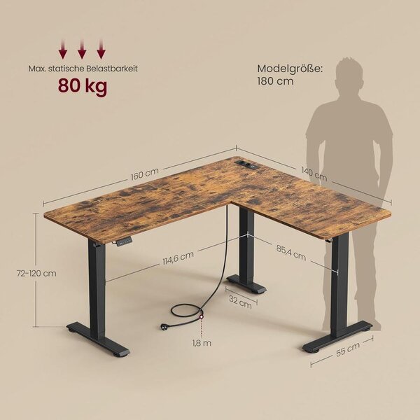 Elektromos L-alakú íróasztal, 140 x 160 cm, beépített töltőállomással rusztikus barna és fekete