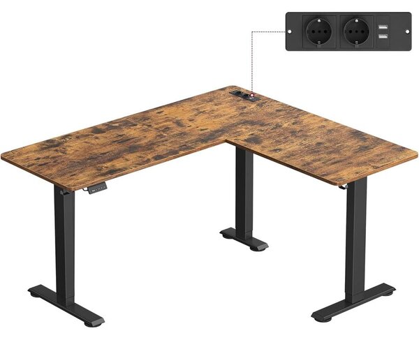 Elektromos L-alakú íróasztal, 140 x 160 cm, beépített töltőállomással rusztikus barna és fekete