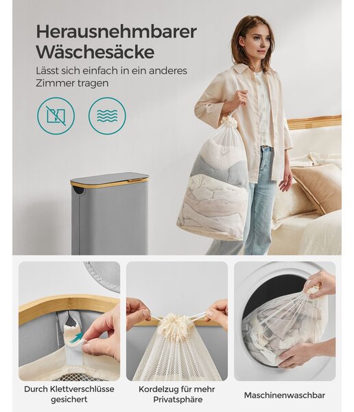Szennyeskosár fedéllel, keskeny szennyestartó 65 L, 42 x 22,5 x 70,5 cm, galambszürke