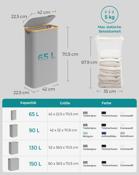 Szennyeskosár fedéllel, keskeny szennyestartó 65 L, 42 x 22,5 x 70,5 cm, galambszürke