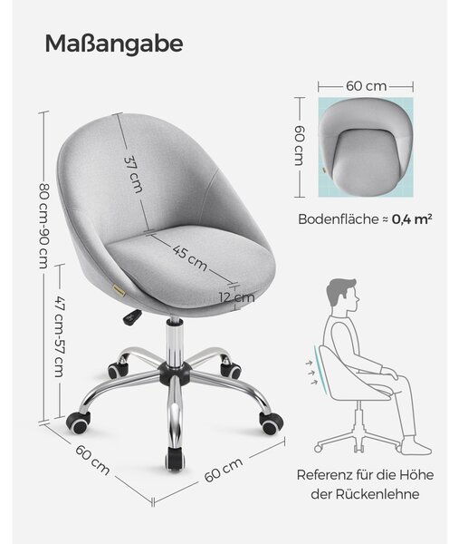 SONGMICS OBG020G01 Forgószék Íróasztalhoz Szürke Párnázott Magasságállítható