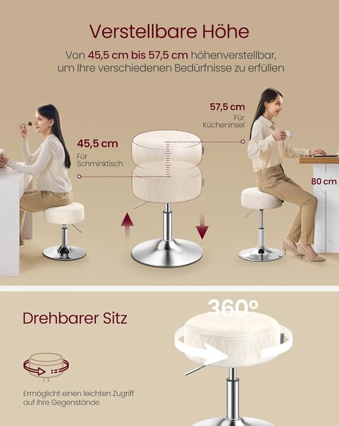 VASAGLE sminkszék, bárszék, magasságállítható, 360°-ban forgatható, krémfehér