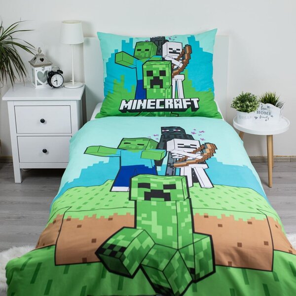 Zöld-kék egyszemélyes pamut gyerek ágyneműhuzat 140x200 cm Minecraft "Mobs Here" – Jerry Fabrics