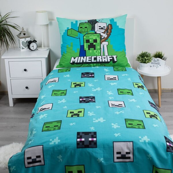 Zöld-kék egyszemélyes pamut gyerek ágyneműhuzat 140x200 cm Minecraft "Mobs Here" – Jerry Fabrics