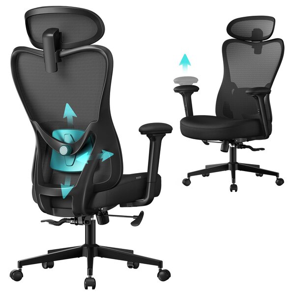 SONGMICS ergonomikus irodai szék, állítható fejtámlával és deréktámasszal, tintafekete