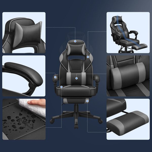 SONGMICS ergonomikus gamer szék lábtartóval fekete-szürke