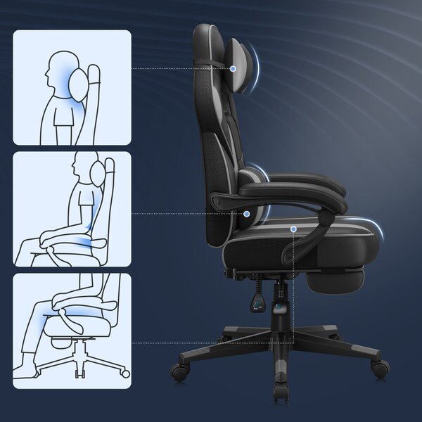 SONGMICS ergonomikus gamer szék lábtartóval fekete-szürke