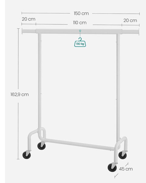 SONGMICS gurulós ruhatartó állvány, kihúzható ruharúd, max. 130 kg terhelhetőség, matt fehér