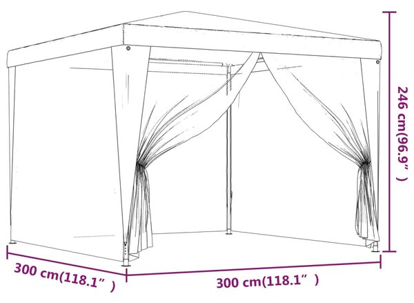 Piros HDPE rendezvénysátor 4 hálós oldalfallal 3x3 m