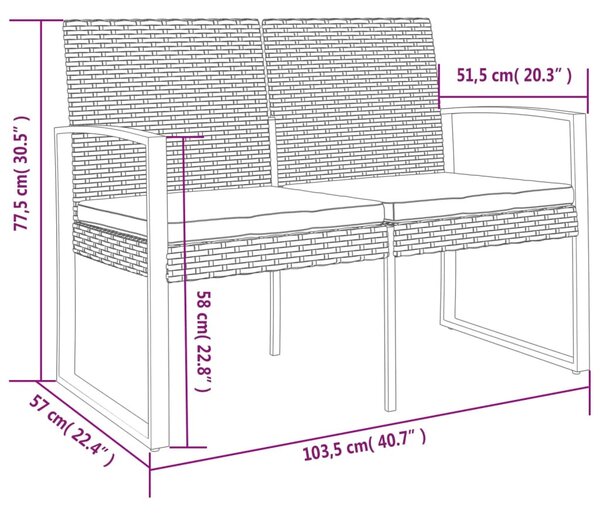 2-személyes fekete PP kerti pad párnával
