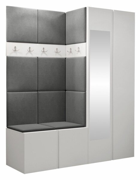 Előszoba garnitúra Pinis X, 186x158x46cm, Tükör, Fehér, Kárpit, Laminált forgácslap