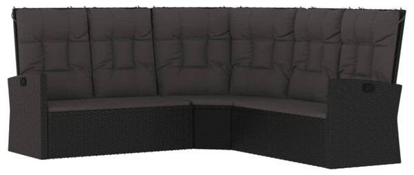 Fekete polyrattan dönthető sarokkanapé párnával