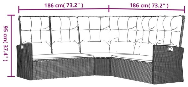 Fekete polyrattan dönthető sarokkanapé párnával