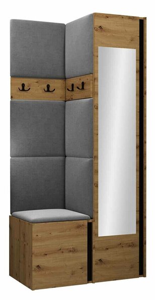 Előszoba garnitúra Pinis XXV, 186x82x46cm, Tükör, Artisan tölgy, Fekete, Kárpit, Laminált forgácslap