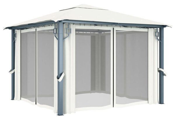 Krémszínű alumíniumpavilon függönnyel/LED fényfüzérrel 3 x 3 m
