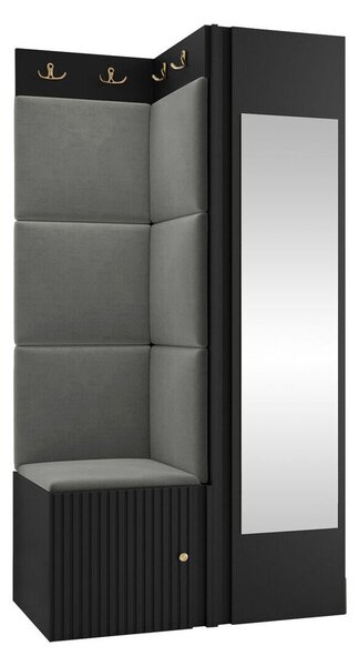 Előszoba garnitúra Hartford 391, 186x82x46cm, Tükör, Fekete, Szürke, Közepes sűrűségű farostlemez, Laminált forgácslap, Kárpit