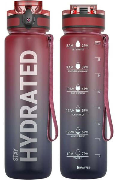 Színátmenetes, Feliratos Kulacs Szivárgásmentes Kupakkal - 1000 ml - Bordó/Kékesfekete