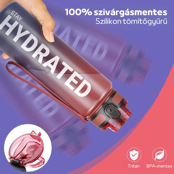 Színátmenetes, Feliratos Kulacs Szivárgásmentes Kupakkal - 1000 ml - Bordó/Kékesfekete