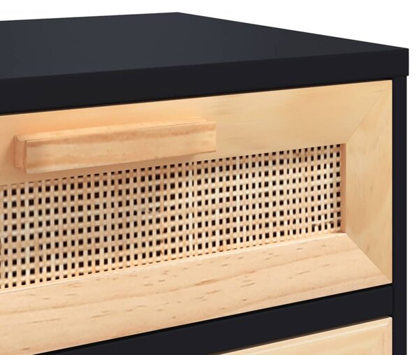 Fekete tömör fenyőfa és természetes rattan éjjeliszekrény