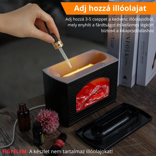 Kandalló Hatású Aroma Diffúzor Valódi Láng Hatással, Hosszú Üzemidővel, Egy Gombos Működtetéssel - Fekete