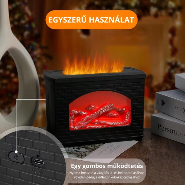 Kandalló Hatású Aroma Diffúzor Valódi Láng Hatással, Hosszú Üzemidővel, Egy Gombos Működtetéssel - Fekete