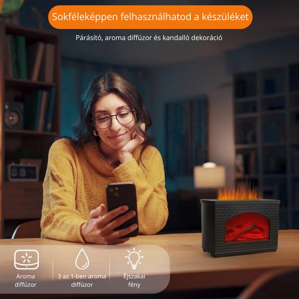 Kandalló Hatású Aroma Diffúzor Valódi Láng Hatással, Hosszú Üzemidővel, Egy Gombos Működtetéssel - Fekete