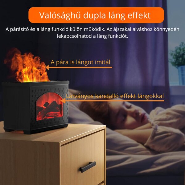 Kandalló Hatású Aroma Diffúzor Valódi Láng Hatással, Hosszú Üzemidővel, Egy Gombos Működtetéssel - Fekete