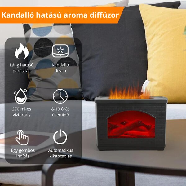 Kandalló Hatású Aroma Diffúzor Valódi Láng Hatással, Hosszú Üzemidővel, Egy Gombos Működtetéssel - Fekete