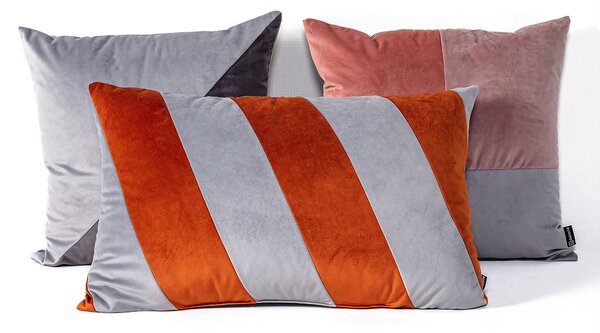 Rektanguláris patchwork párna szürke és réz színekkel