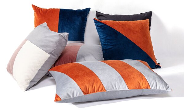 Rektanguláris patchwork párna szürke és réz színekkel
