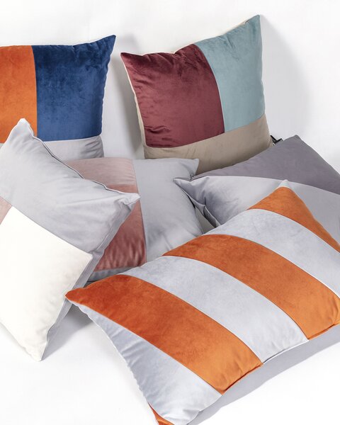 Rektanguláris patchwork párna szürke és réz színekkel