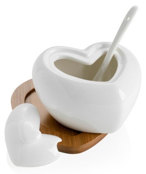 Heart porcelán cukortartó kiskanállal, bambusz alátéttel - Brandini
