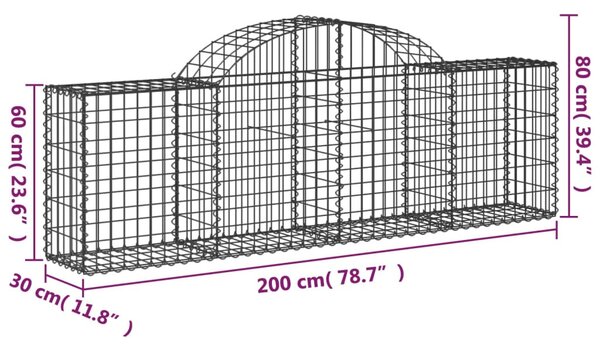 6 db íves horganyzott vas gabion kosár 200x30x60/80 cm