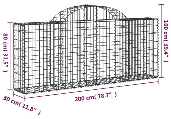 6 db íves horganyzott vas gabion kosár 200x30x80/100 cm