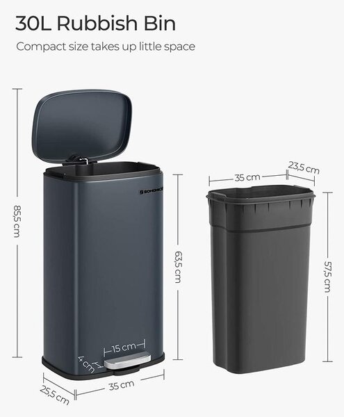 Konyhai szemetes 30L, acél pedálos szemetes, füstszürke