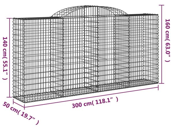 6 db íves horganyzott vas gabion kosár 300x50x140/160 cm