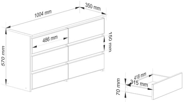 CL100 Beton Komód - 6 Fiókos - 100 cm
