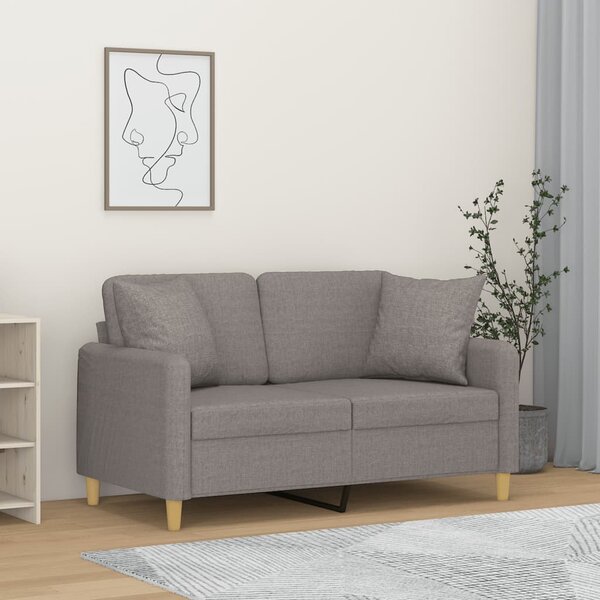 2 személyes világosszürke szövet kanapé díszpárnákkal 120 cm