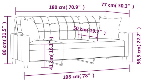 3 személyes cappuccino színű műbőr kanapé díszpárnákkal 180 cm