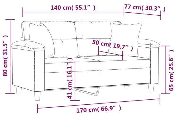 2 személyes szürke műbőr kanapé díszpárnákkal 140 cm